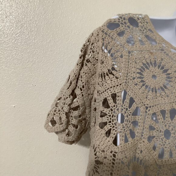 Kings Road Tan Crochet Boho Beachy Summer Festival Fairy Hippie Crop Top S - Picture 5 of 10